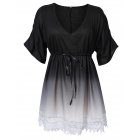 [EU Direct] AMZ PLUS Women Plus Size Casual V-neck Contrast Lace Trim Summer Dress