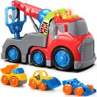 [US Direct] 12 Inch Tow Truck With Hook Bulldozer Crane Car Toys Set With Sound Light Toddler Boys Girls Birthday Gift 1 Tow Truck 3 toy cars