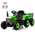 [US Direct] 12V Battery Powered Electric Tractor with Trailer, Toddler Ride On Car w/Remote Control/7-LED Headlights/2+1 Gear Shift/MP3 Player/USB Port for Kids 3-6 Years (Green-Grey, 25W/Tread Tire)