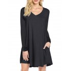 [US Direct] Leadingstar Women's Long Sleeve V-neck Swing Pocket Casual T-shirt Dress Black_XL