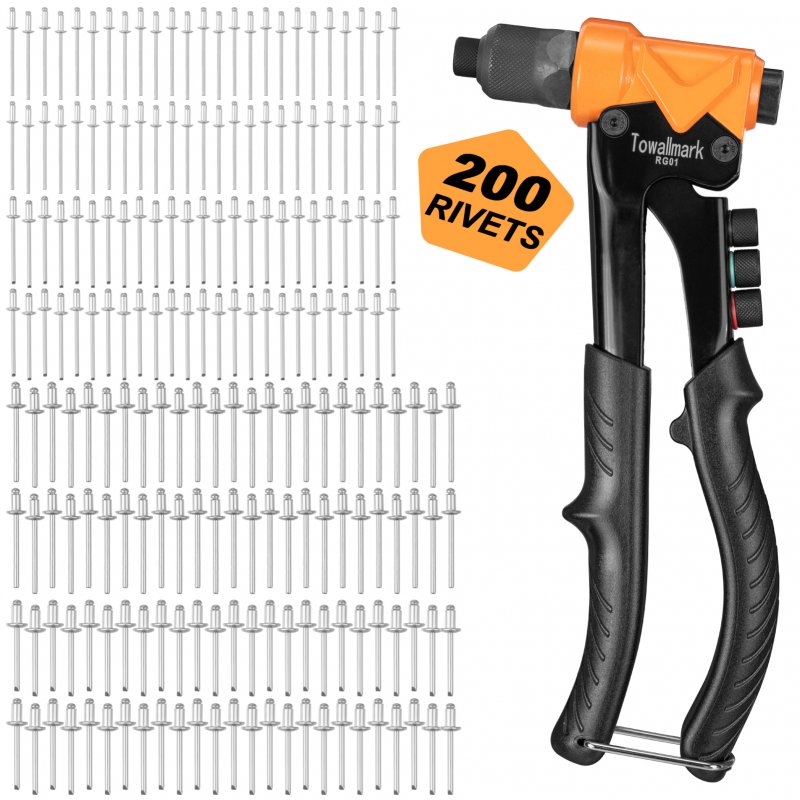 [US Direct]TOWALLMARK Pop Rivet Gun Tool with 200Pcs Rivets Kit for Metal Plastic