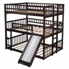 [US Direct] Triple  Bunk  Bed With Built-in Ladder+slide For Kids Beds With Guardrail coffee