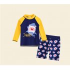 2-piece Children Split Swimsuit Boys Long Sleeves Diving Suit Cartoon Sunscreen Quick-drying Swimwear For Hot Spring yellow shark 9-10Y 2XL