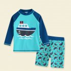 2-piece Children Split Swimsuit Boys Long Sleeves Diving Suit Cartoon Sunscreen Quick-drying Swimwear For Hot Spring sailboat 7-8Y XL
