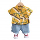 2-piece Summer Cotton Suit For Boys Casual Short Sleeves Trendy Lapel Cardigan Shirt Denim Shorts Two-piece Set yellow 18-24M 90cm