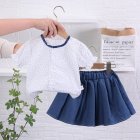 2-piece Toddler Kids Girls Short Sleeve Floral Shirt Top Denim Skirt Outfits Cotton Baby Summer Suit blue 2Y 90cm