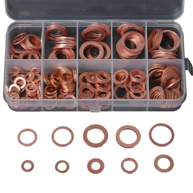 200pcs Copper Washer Red Copper Oil Seal Gasket Box Flat Washer Set