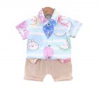 2pcs Boys Cotton Shirt Suit Cute Cartoon Printing Short Sleeves Lapel Tops Shorts Two-piece Set For 1-4 Years Old Kids blue 2-3Y 100cm