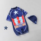 2pcs Boys One-piece Swimsuit With Swimming Cap Short Sleeves Large Size Sunscreen Quick-drying Swimwear blue XL