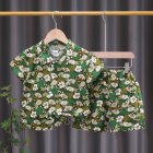 2pcs Children Shirt Shorts Suit Short Sleeves Lapel Trendy Leaf Printing Tops Shorts For 1-6 Years Old Kids dark green 2-3Y 100cm