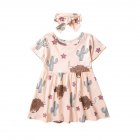 2pcs Girls Summer Short Sleeve Dress With Headband Sweet Cartoon Printing Cotton Dress For Kids Aged 1-5 223040 2-3Y 100cm