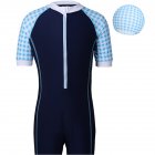 2pcs Girls Swimsuit With Swimming Cap Sunscreen Quick-drying Professional Training One-piece Boxer Swimwear blue plaid 7-8Y 12