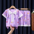 2pcs Kids Pajamas Set Round Neck Short-sleeved Top Shorts Princess Girls Summer Homewear D Yi Bowknot-Purple Rabbit 120-130cm 14