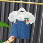 2pcs Kids Summer Suit Cute Floral Printing Short Sleeves T-shirt Shortalls Two-piece Set For 1-3 Years Old Girls Denim Blue CM:73
