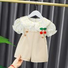 2pcs Kids Summer Suit Cute Floral Printing Short Sleeves T-shirt Shortalls Two-piece Set For 1-3 Years Old Girls beige CM:80