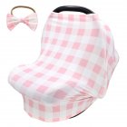 2pcs Stretchy Baby Car Seat Cover + Baby bow headband Multiuse - Nursing Breastfeeding Covers Car Seat Canopies  Pink tartan design