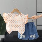 2pcs Summer Cotton Tops Suit For Girls Sweet Flying Sleeves Shirt Denim Shorts Set For Kids Aged 0-4 orange 2-3Y 100cm