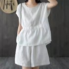 2pcs Women Fashion Cotton Linen Suit Short Sleeves Solid Color Shirt Casual Shorts Two-piece Set White XXL