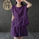 2pcs Women Fashion Cotton Linen Suit Short Sleeves Solid Color Shirt Casual Shorts Two-piece Set Purple XL