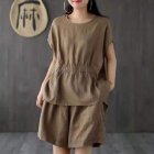 2pcs Women Fashion Cotton Linen Suit Short Sleeves Solid Color Shirt Casual Shorts Two-piece Set Khaki XXL