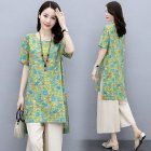 2pcs Women Fashion Sports Suit Short Sleeves Round Neck Sweet Printing Shirt Casual Cropped Pants Two-piece Set green M