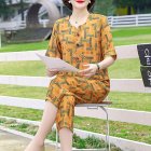 2pcs Women Loose Short Sleeves T-shirt Set Summer Casual Printing Tops Cropped Pants Two-piece Suit Orange L