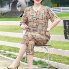 2pcs Women Loose Short Sleeves T-shirt Set Summer Casual Printing Tops Cropped Pants Two-piece Suit Khaki L