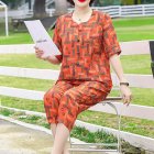 2pcs Women Loose Short Sleeves T-shirt Set Summer Casual Printing Tops Cropped Pants Two-piece Suit orange red M