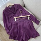 2pcs Women Shirt Shorts Suit Long Sleeves Lapel Shirt Solid Color Shorts Large Size Casual Loose Two-piece Set dark purple XXL