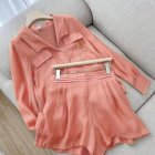2pcs Women Shirt Shorts Suit Long Sleeves Lapel Shirt Solid Color Shorts Large Size Casual Loose Two-piece Set peach M
