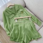 2pcs Women Shirt Shorts Suit Long Sleeves Lapel Shirt Solid Color Shorts Large Size Casual Loose Two-piece Set light green L