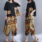 2pcs Women Summer Suit Casual Large Size Short Sleeves Printing Shirt Wide-leg Cropped Pants black 2XL