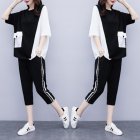 2pcs Women Summer Suit Round Neck Short Sleeves Large Size Loose Shirt Cropped Pants With Pocket Two-piece Set black XL