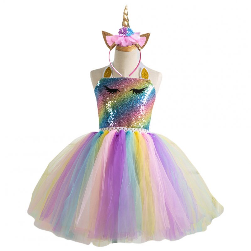 2pcs/set Girls Dress Colorful Sequins Animal Gauze Party Dress Headdress Suits for 2-7 Years Old Kids SX-HD93324