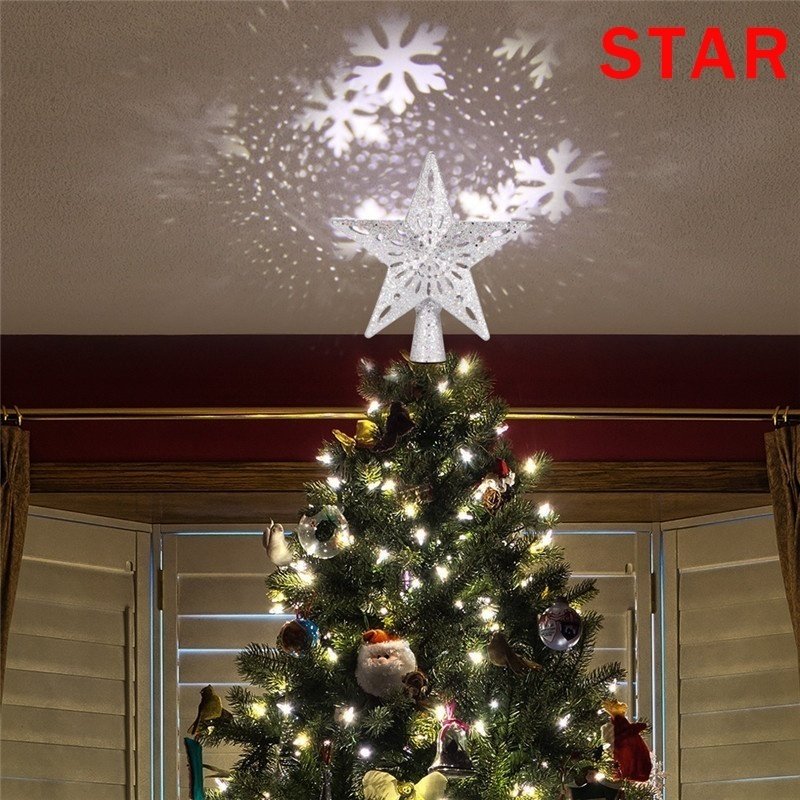 3D Glitter Lighted Star Tree Topper with Rotating Magic Projector Light Christmas Decoration Silver Silver blizzard_European plug