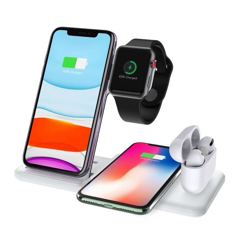 4-In-1 QI Fast Wireless Charger Dock For iPhone Apple Watch iWatch for Airpods Charger Holder Stand white