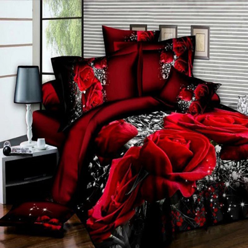 4 PCS 3D Big Red Rose Floral Bedding Sets