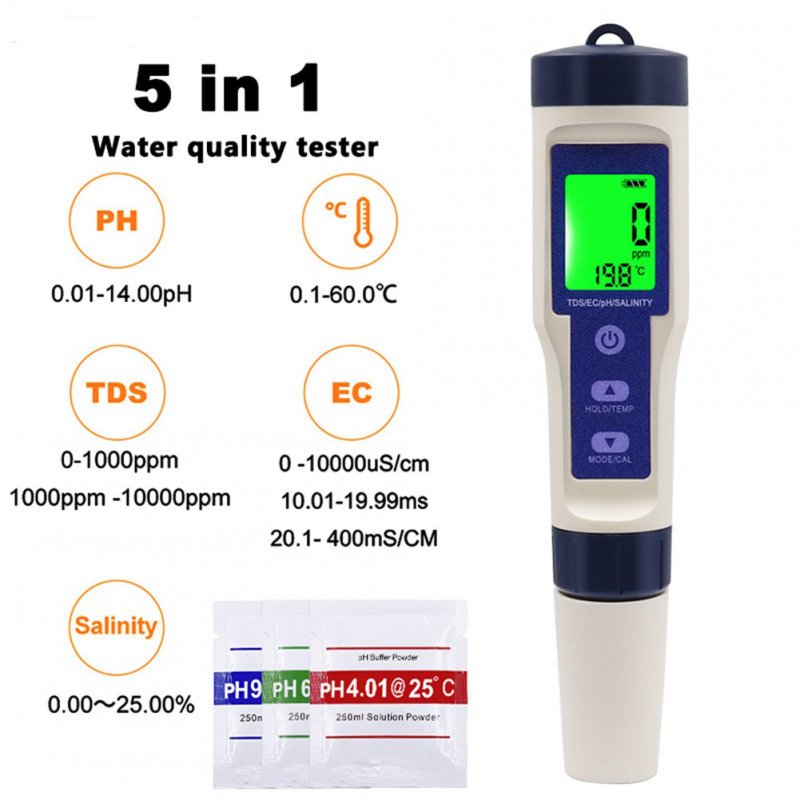 5 In 1 Digital Water Quality Monitor Tester Tds/ec/ph/salinity/temperature Meter For Swimming Pool Drinking Water Aquarium 9909 with Backlight