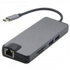 8 USB Port C HDMI VGA LAN Ethernet RJ45 Adapter for Mac Book Pro Type C Hub Card Reader 2 USB 3.0 Type-A + Type-C Charging Port gray