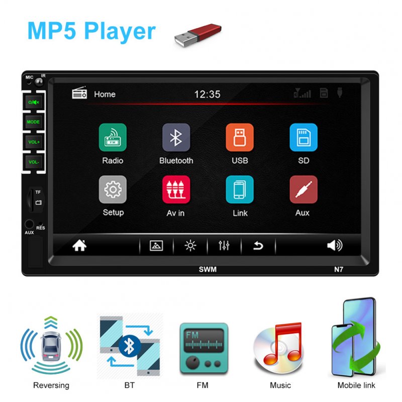 Car Stereo Mp5 Player 7-inch Hd Touch-screen Universal Bluetooth-compatible U Disk Aux Playback Radio Reversing Video Display Standard +8 light camera