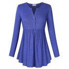 Clearlove Women's Long Sleeve Pleated Button-up V-Neck Shirts Solid Flare Tunic Tops