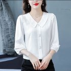 Fashion Chiffon Tops For Women Summer Three-quarter Sleeves Doll Collar Shirt Elegant Solid Color Pullover Blouse White M