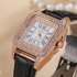 Fashion Women Quartz Wrist Watch Simple Retro PU Strap Full Diamond Roman Dial Watch White