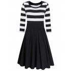 HiQueen Women Casual Scoop Neck 3/4 Sleeve A-Line Swing Dress Stripe Modest Dresses Black_L