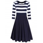 HiQueen Women Casual Scoop Neck 3/4 Sleeve A-Line Swing Dress Stripe Modest Dresses Dark blue_2XL