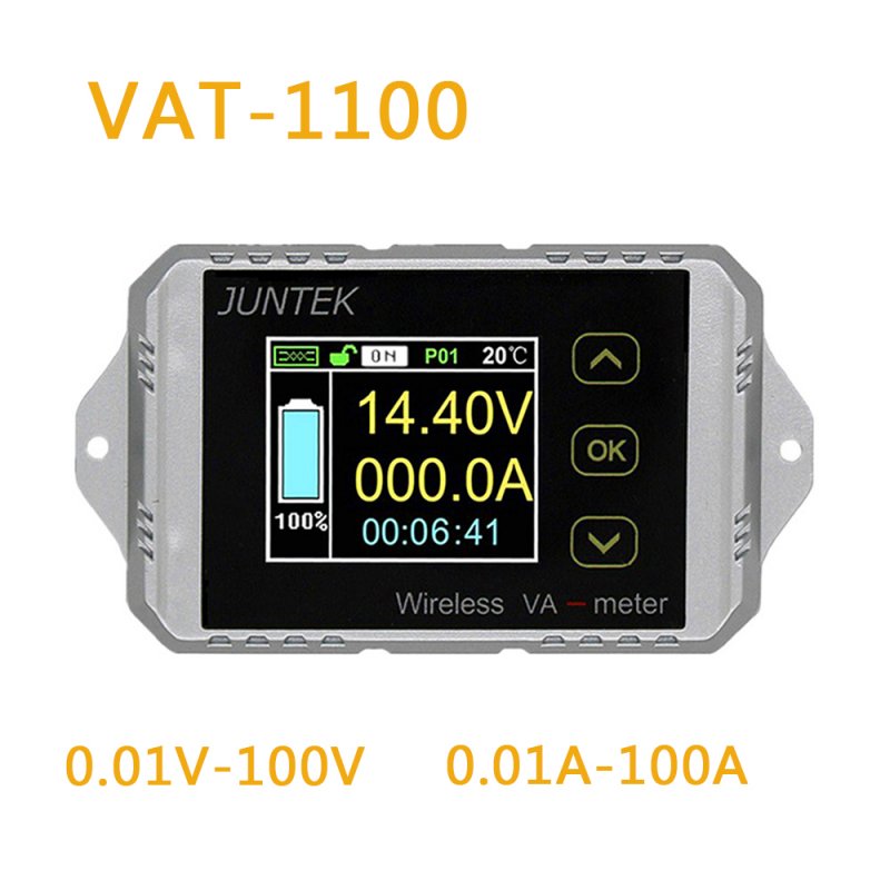 Juntek VAT1100 Wireless Voltage Current Meter 100V 100A Car Battery Monitoring 12V 24V 48V Battery Coulomb Counter VA Meter VAT-1100