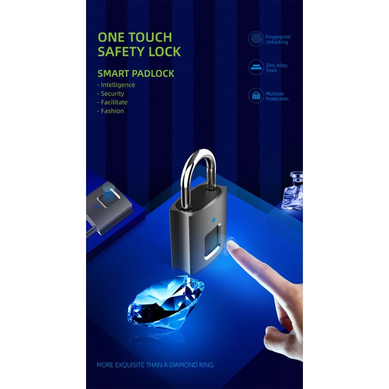 L36 Smart Fingerprint Lock Rechargeable Door Keyless Quick Unlock Padlock black