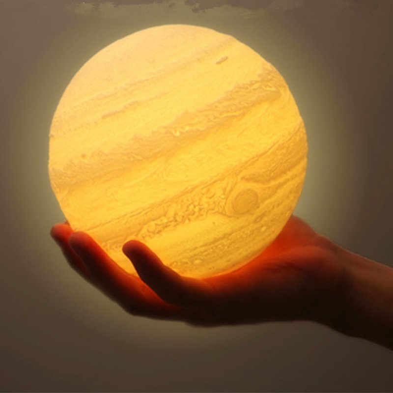 LED 3D Print Jupiter Shape Night Light with 2 Colors Change Touch Control(White Light + Yellow Light) 20CM_Solid wood bracket
