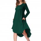 Lady Long Sleeve Irregular Dress Crew Neck Solid Color Over Size Dress with Pockets Dark green_XL