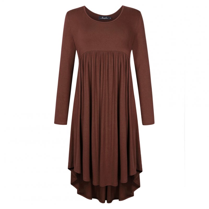 Lady Long Sleeve Irregular Dress Crew Neck Solid Color Over Size Dress with Pockets coffee_3XL